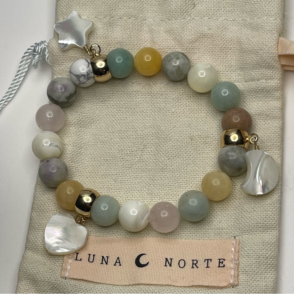 Luna Norte Genuine Stone Beaded Heart, Moon and Star Stretch Bracelet - NWT